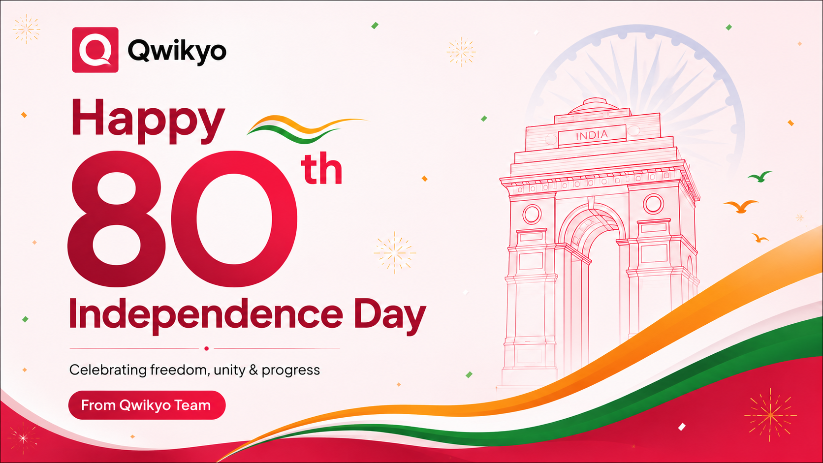 The Indian national flag waving against a golden morning sky โ Happy 80th Independence Day from Qwikyo