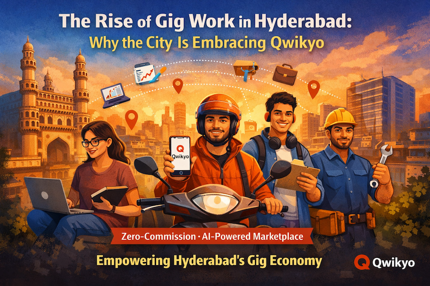 Illustration showing gig workers in Hyderabad